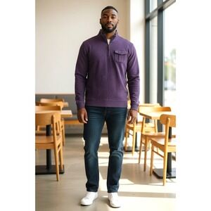 (E-191)Tommy Hilfiger Men's Pullover Sweater Large Purple 1/4 Zip Cotton Casual